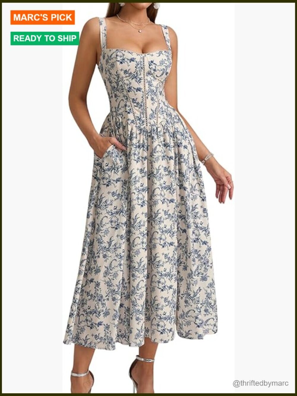 Flowy Midi Dress with Pockets Square Neck Smocked Back Corset Style